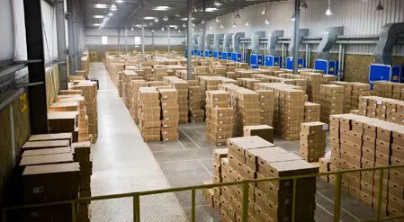 A warehouse filled with boxes of food.